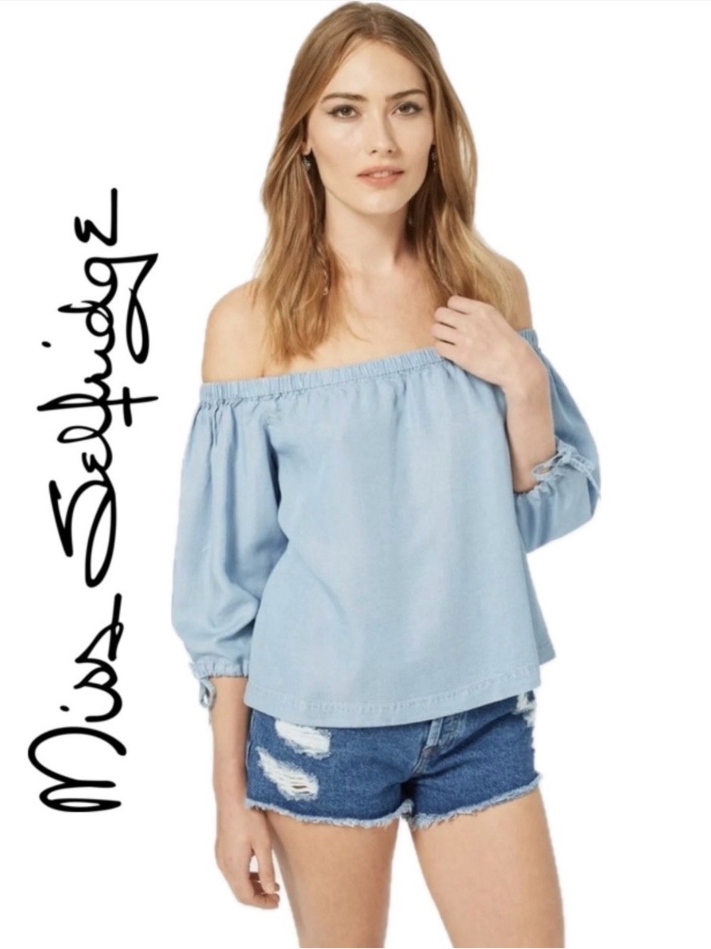 Miss Selfridge Denim blue off the shoulder top